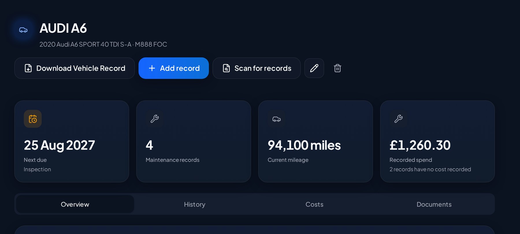 A real Vekrin vehicle record showing identity, dates, history and export access.
