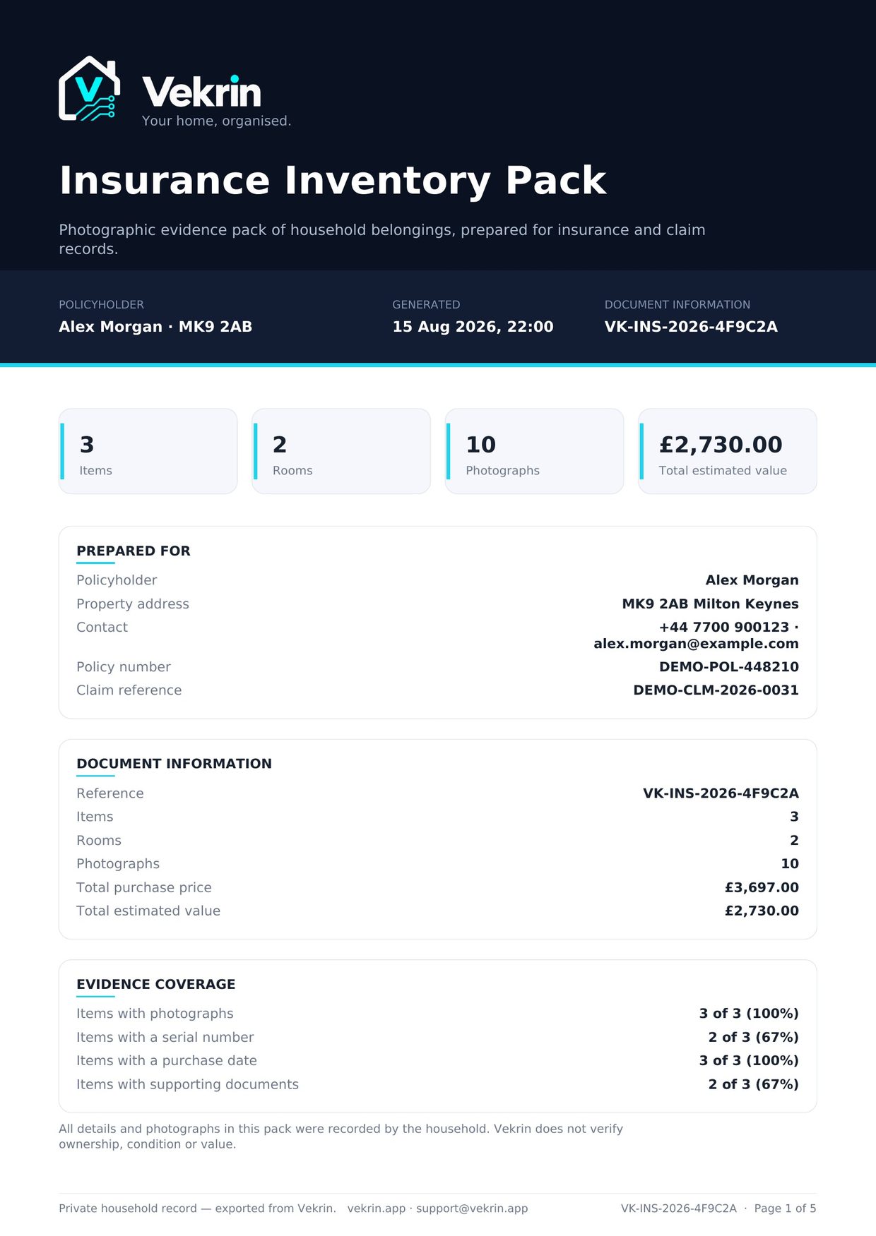 The cover page of a Vekrin Insurance Inventory Pack.