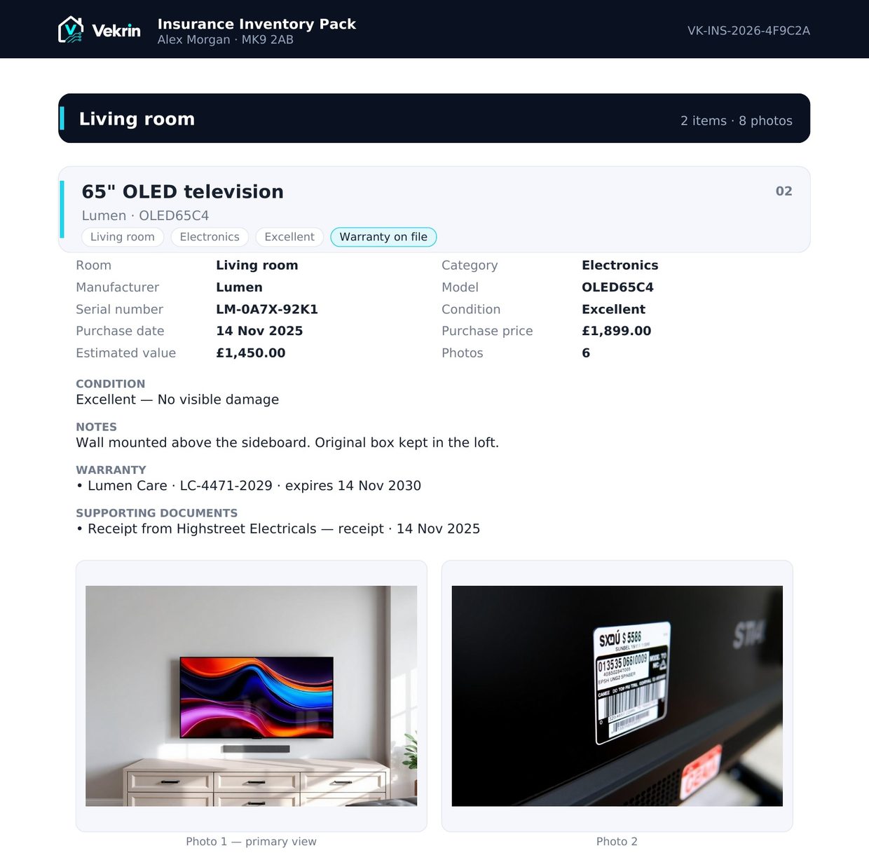 An item detail page from a Vekrin Insurance Inventory Pack.