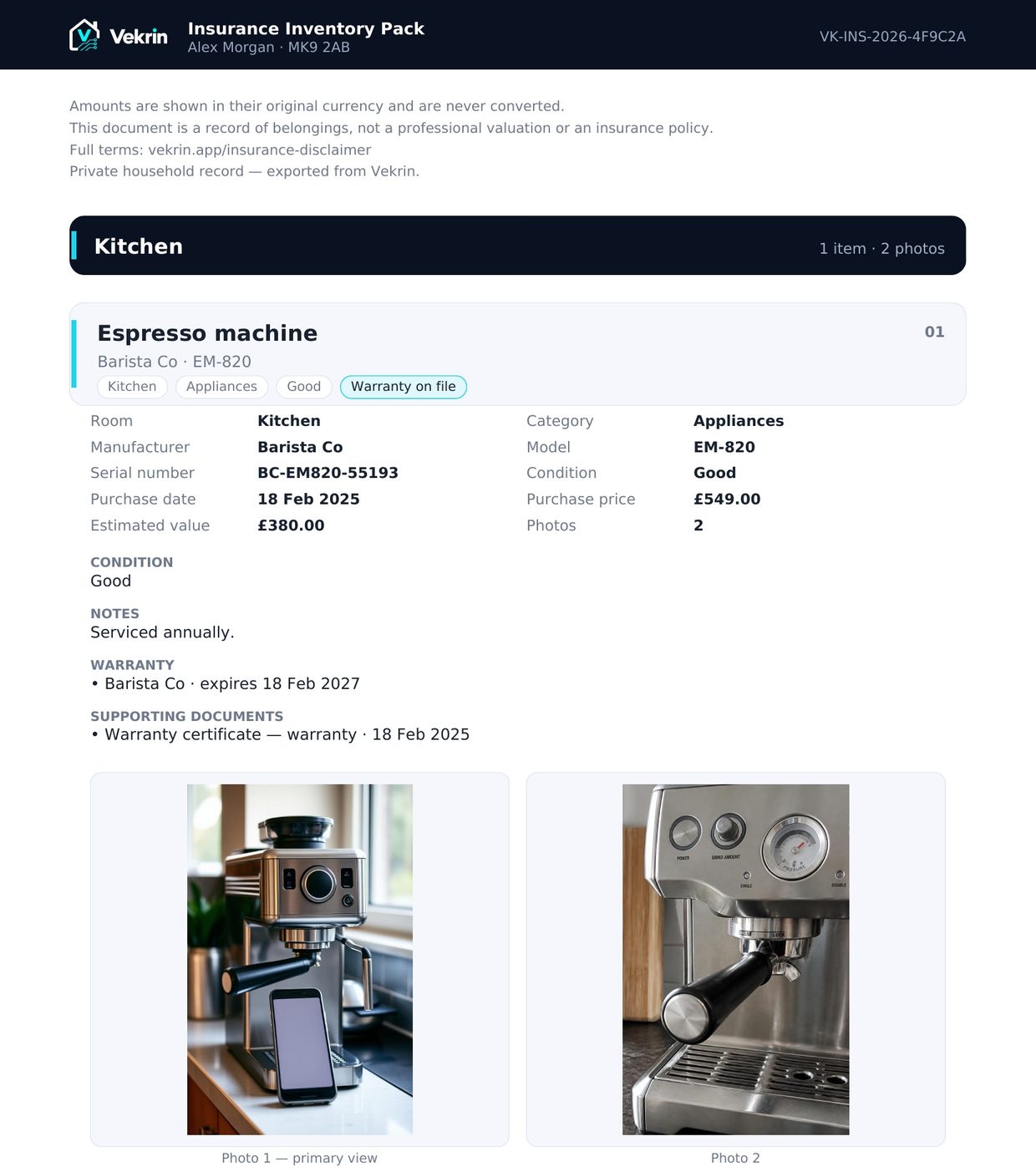 A room summary page from a Vekrin Insurance Inventory Pack.
