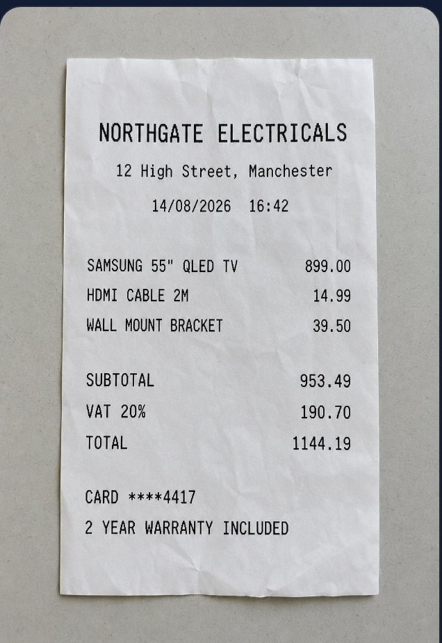 A paper receipt used as the example input for a Vekrin scan.