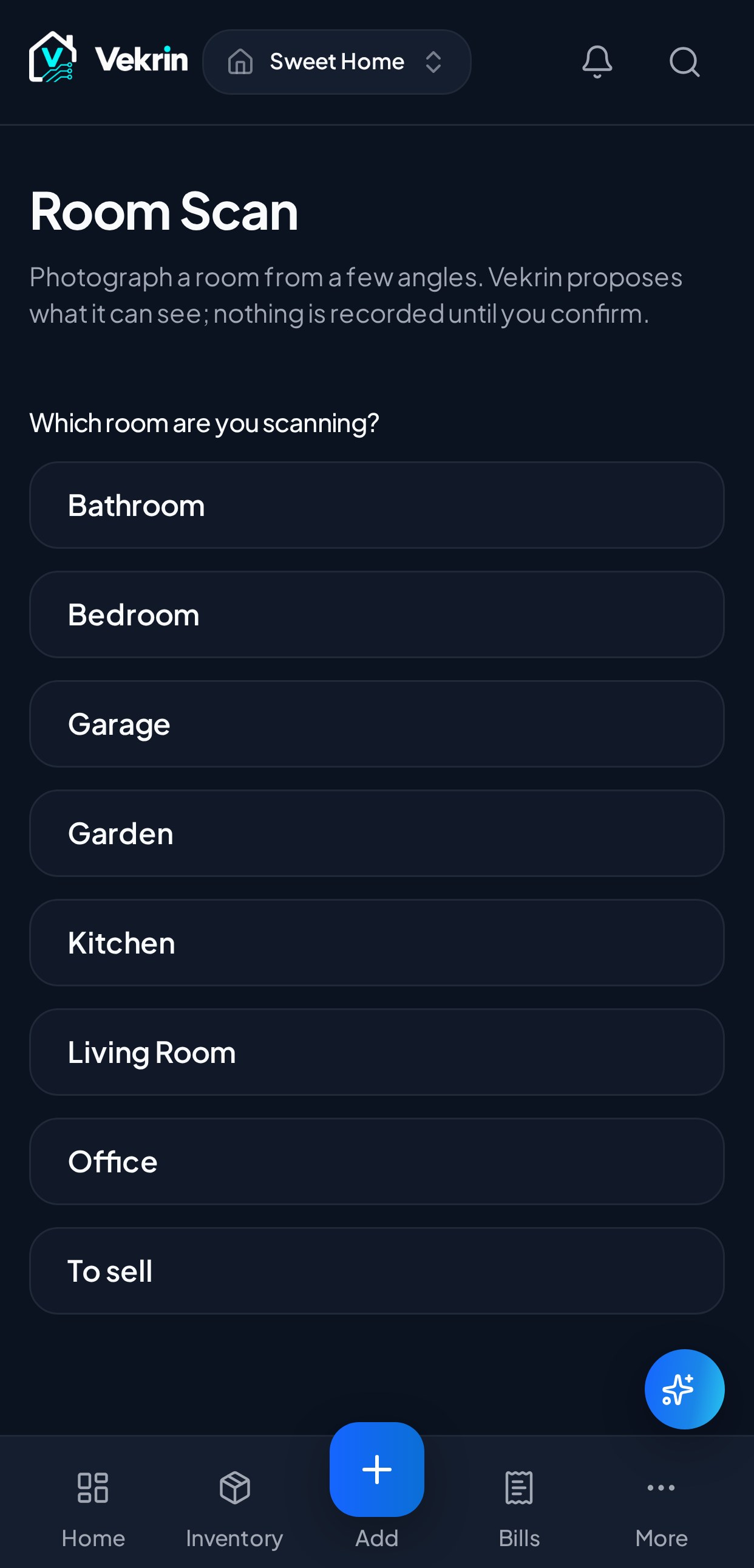 The real Vekrin Room Scan beta start screen for choosing a room and beginning capture.