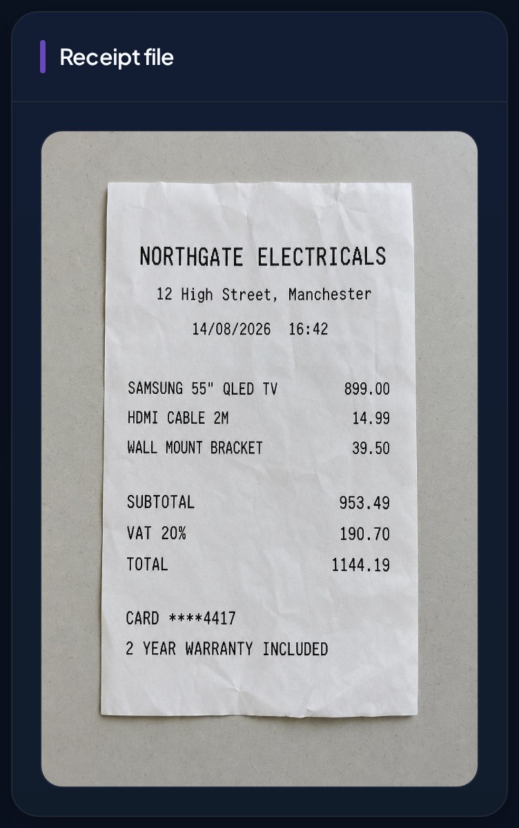 The original receipt file stored alongside the record in Vekrin.