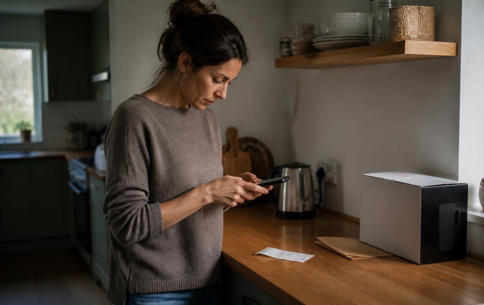 A kitchen worktop with a paper receipt beside a phone showing the same purchase saved in Vekrin.