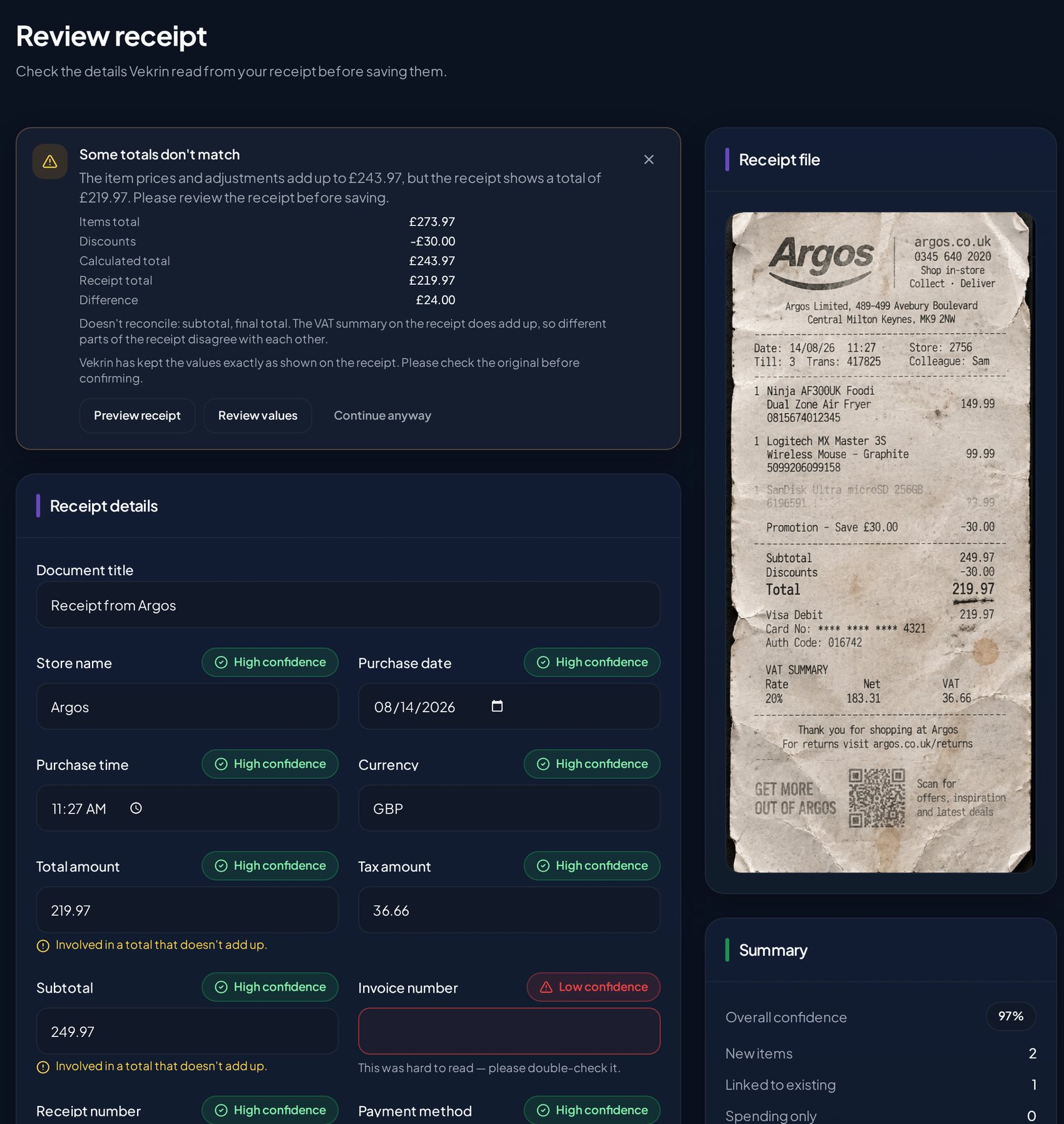 The Vekrin receipt details panel showing merchant, date, total and tax with per-field confidence.