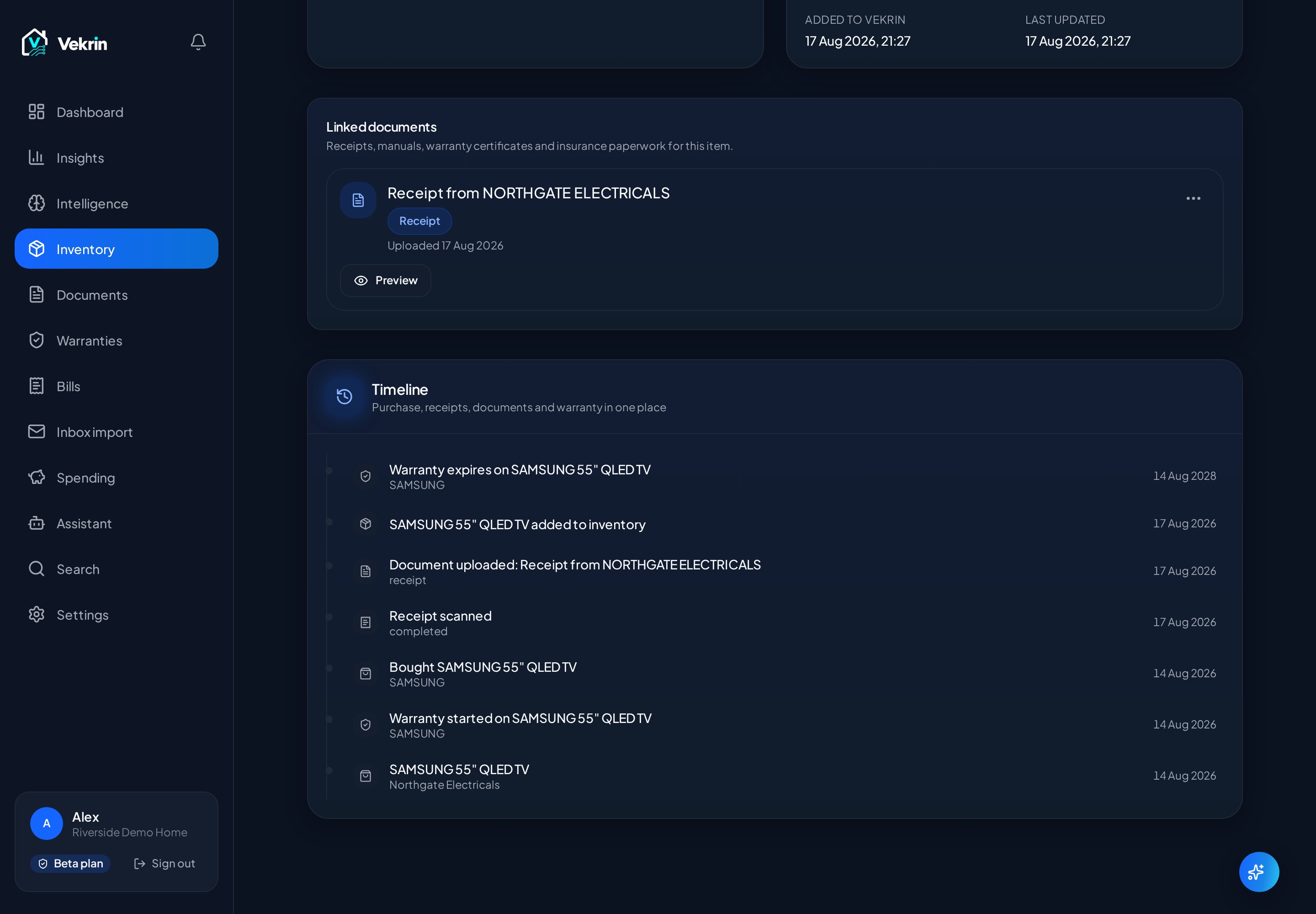 An item record in Vekrin showing its details, linked receipt and connected documents.