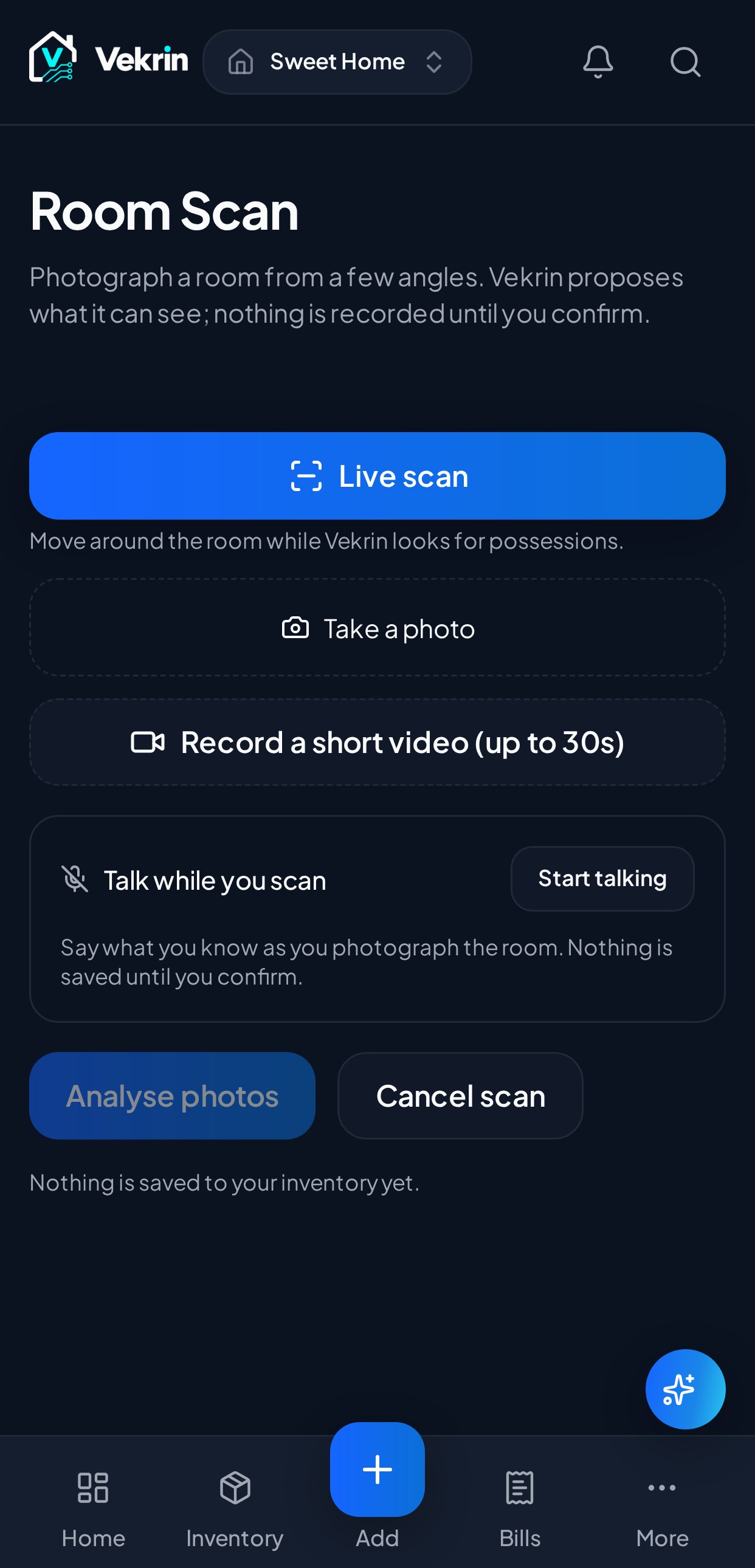 The real Vekrin Room Scan beta capture screen used to photograph a room before review.