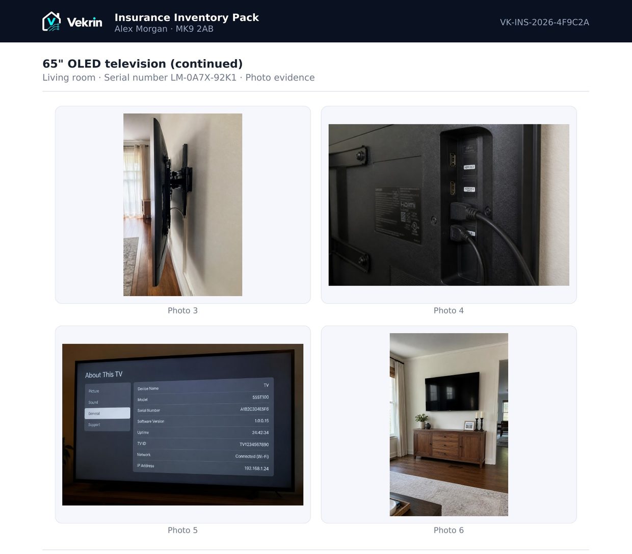 A photo evidence page from a Vekrin Insurance Inventory Pack.